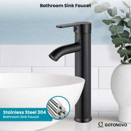 gotonovo Vessel Sink Faucet Modern Bathroom Faucet 1 Hole Deck Mount Lavatory Vanity Single Handle Mixer Tap with Water Supply Hoses and ABS Pop Up Drain Without Overflow, Oil Rubbed Bronze
