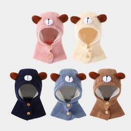 Cute Bear Kids' Winter Balaclava - Knitted Hat & Scarf Combo lf2073 One Size / 2-5 Years Old - Beige White 3ea