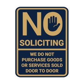 Retrato redondo No Soliciting We Do Not Buy Goods or Services Vendido puerta a puerta (azul marino/dorado) - Grande
