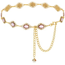 Wovanoo Concho Chain Belt for Women Turquoise Metal Waist Belts Hollow Out Stone Chain Belts Adjustable Western Chain Gold Pink Gemstone 135cm