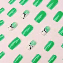 Short Square Press on Nails Green Dandelion Fake Nails with Designs Green Acrylic Nails Set Full Cover Glossy Glue on Nails Spring False Nails Reusable Stick on Nails for Women Girls 24Pcs