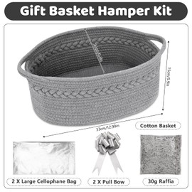 SelfTek Gift Basket Hamper Kit, Grey Rope Basket with Cellophane Bags, Raffia and Pull Bows Woven Storage Baskets Empty Gift Hamper for Baby Shower, Wedding, Birthday, 33 x 24 x 15 cm