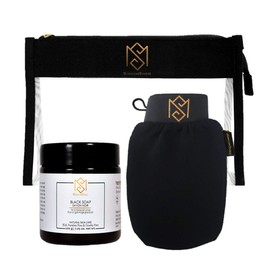 MS Moroccan Black Soap and Exfoliating Glove Kit for Body Scrub - For Dead Skin Scrubbing And Deep Pore Cleansing - incl. 1 Moroccan Black Soap (Olive Based), 1 Exfoliating Glove (Kessa mitt) and 1 Toiletry Bag - by MoroccanSource