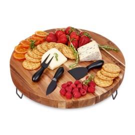 Twine Acacia Board and Knife, Footed Snack Tray and Cheese Knives Set Cooking Accessories, 16inch Diameter, Set of 1, Wood