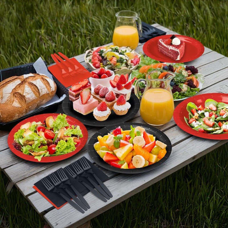 200 Pcs Red and Black Paper Plates and Napkins Party
