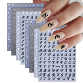 8 Sheets Old English Nail Sticker 3D Self-Adhesive Pegatinas Uñas Holographic Old English Letter Nail Decals White Black Gold Silver Nail Art Design Alphabet Nail Supplies Decorations for Women