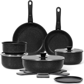 SODAY 17 Pcs Pots and Pans Set Non Stick, Cookware Sets with Detachable Handle, Nonstick RV Kitchen Cooking Tools Removable Handles, Oven Safe, Induction Fast, Stackable Induction Cookware, Black