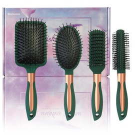 4 Piece Hair Brush Set, Anti-Static Massage Oval Comb, Detangling Brush, Round Hair Brush, Air Vent, Flexible Soft Needle Bristles for Hair Blackish Green