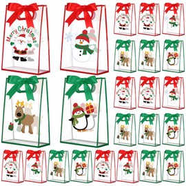 Gersoniel 24 Pack Clear Gift Bags with Handles Small Reusable Plastic Party Gift Bags with Ribbons Transparent PVC Tote Santa Snowman Printed for Birthday Wedding Bridal Party, 7 x 10 x 3.15 Inch