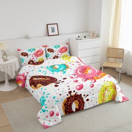 Feelyou Girly Comforter Set Sweet Donuts Bedding Setfor Kids Boys Girls Chocolate Doughnut Cream Comforter Cute Whimsical Dessert Decor Quilt Set with 2 Pillowcases 3Pcs Bedding Queen