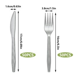 100 Stück Silber Plastikbesteck Reusable 50 Plastikmesser und 50 Plastikgabeln Wiederverwendbare Silbernes Plastikbesteck Set Plastik Besteck Set Mehrweg für Familie Partys Geburtstagsfeiern