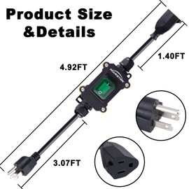 MARSTEK 5Ft Heavy Duty Waterproof Extension Cord with On/Off Switch,Inline Cord Switch with 3-ft 16AWG Cable male Connector and 1.4 -ft 16AWG Cable Female Connector（Green