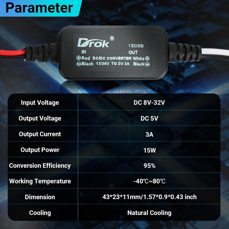 DROK 12V to 5V Converter, DC 8-32V to 5V Buck