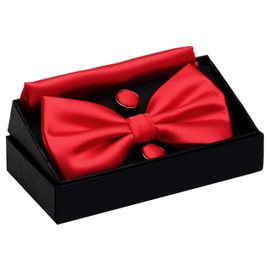 GUSLESON Mens Adjustable Solid Red Bow Tie Pre-tied Wedding Bowtie and Pocket Square Cufflink Set With Box (0570-12)