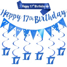 17th Birthday Decorations Banner Boy - Blue Number 17 Swirl Hanging Party Decoration Set with Pennant, Happy Birthday Banners and Sash for 17 Years Old Party Supplies