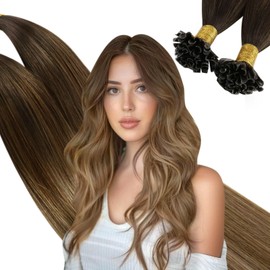 Ugeat U Tip Hair Extensions Human Hair Balayage Dark Brown to Golden Brown Mix Golden Blonde Ombre Ktip Human Hair Extensions for Women Pre Bonded Human Hair Extensions 16in 50G 50S