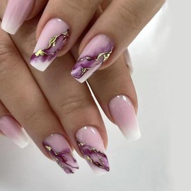 Long Coffin Press on Nails Purple Marble Fake Nails Full Cover False Nails with Designs Glossy Gradient White Nail Tips Artificial Acrylic Nails Gold Foil Glue on Nails for Women and Girls 24Pcs