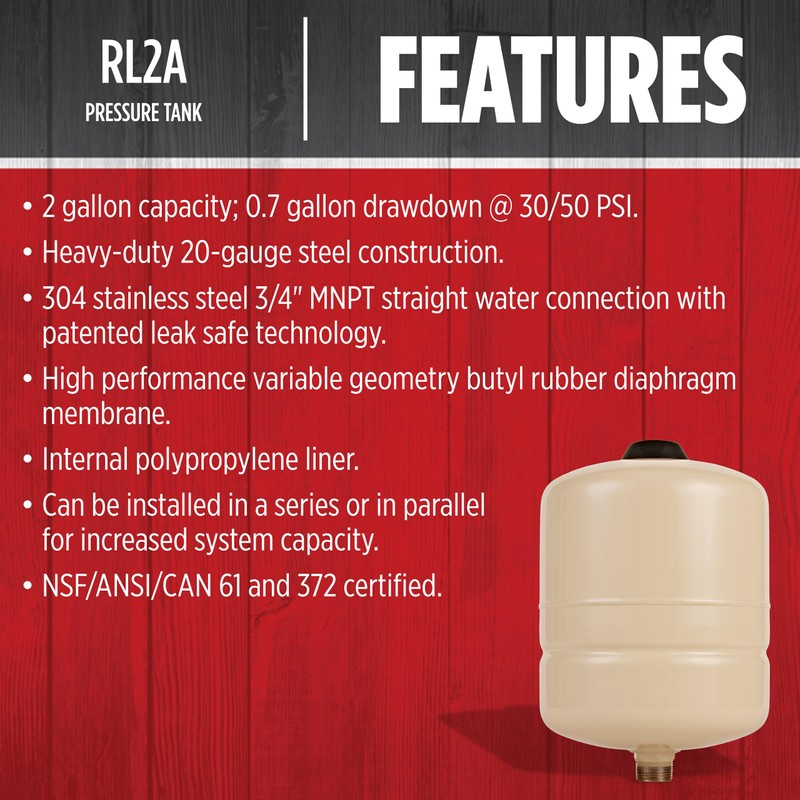 Red Lion RL2A - 2-Gallon Inline Pre-Charged Pressure Tank for