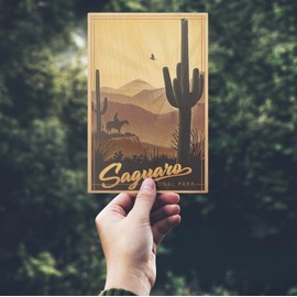 Saguaro National Park, Arizona, Lithograph (4x6 Birch Wood Postcards, 2-Pack Stationary, Rustic Home Wall Decor)