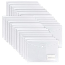 Eidoct Clear Plastic Wallets, 30 Pack A4 Plastic Folders Document Files Envelope - Popper Wallets with Label Pocket and Snap Button, for Home, School, Travel and Office Supplies Storage