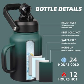 BJPKPK 64oz Insulated Water Bottle with Handle, Large Dishwasher Safe Half Gallon Water Bottle, BPA Free Water Jug, Wide Mouth Metal Flasks with Anti-slip Bottom, Army Green & Black