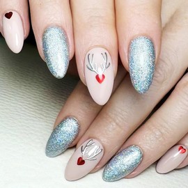 Love Heart Deer Press on Nails 24Pcs Medium Almond Christmas Elk Fake Nails Glossy Silver Glitter Acrylic False Nails Xmas Reindeer Gel Glue on Nails Red Love Heart Stick on Nail for New Year