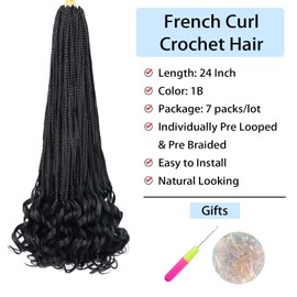 French Curl Braiding Hair 24 Inch Crochet Hair for Black Women Goddess Box Braids Crochet Hair Long Knotless French Curl Crochet Braids with Wavy Ends Black French Curl Braiding Hair Extensions(1B)