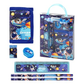 Lotsdonxia Space Theme Stationery Gift Set – School and Art Projects Accessory Includes Purse, 2 Pencils, 15cm Ruler, Eraser, and Sharpener Gift Set for Boys and Girls