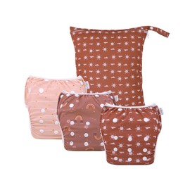 babygoal Reusable Swim Diapers with Wet Bag 4 Pack - Adjustable & Washable Water Diapers for 8M-3T Toddler Swimming Lessons-Boho Design