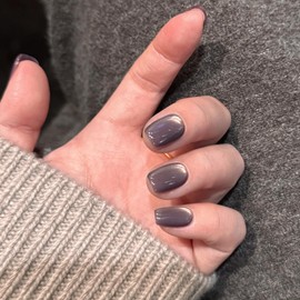 Square Press on Nails Short Cat Eye False Nails Glitter Glue on Nails Crystal Discoloration Acrylic Nails Press ons Grey Purple Fake Nails Glossy Cat Eye Artificial Stick on Nails for Women 24Pcs