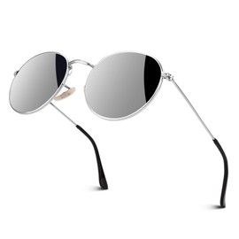 GQUEEN MFF7 Retro Round Mirrored Polarised Sunglasses for Men and Women UV400 Protection, Silver (Mirrored Lens)