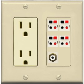 RiteAV 4 Port Speaker Wire Plug Jack Wall Plate+RCA for Subwoofer Outlet [Ivory/Ivory]