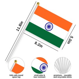 Pack of 50 Indian Hand-Held Flags 21 x 14 cm Indian Mini Hand Flag Indian Banner Hand Waving Flag Indian Flag with 30 cm Plastic Flagpole Holiday Parade Decoration