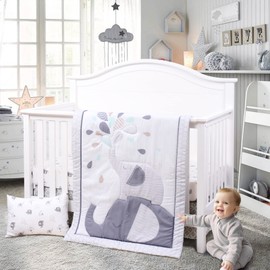 JISEN 4 Piece Crib Bedding Set for Girls Boys Soft Baby Crib Bedding Set Nursery Bedding Sets - Crib Quilt Crib Sheet Pillowcase Crib Skirt Grey Elephant