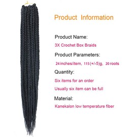 6 Packs/Lot (14/18/24/30) inch 1cm 20 Strands/Pack Thin 3X Box Braid Crochet Hair Extensionin Diameter 3X Synthetic Braid Hair Extensions Crochet Braids Hair Color (24inchs, 1#)