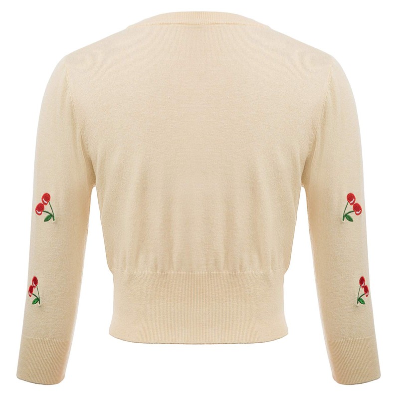 Belle Poque Women's 3/4 Sleeve V-Neck Button Down Cherries Embroidery