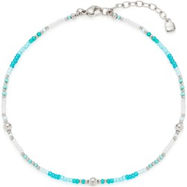 Leonardo Jewels Ciao Happy 023859 Anklet Stainless Steel with Tiny Aqua Turquoise Glass Beads, Silver, 24-28 cm Length, Gift for Women, Stainless Steel, No Gemstone