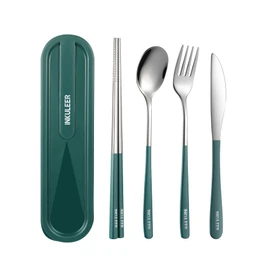 INKULEER - Juego de cubiertos de viaje de acero inoxidable 18/8, utensilios reutilizables con estuche, lonchera portátil para camping y oficina