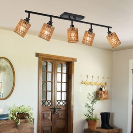 MELUCEE 5 Light Black Track Ceiling Light Fixture with Rattan Lamp Shade, Farmhouse Vanity Lights for Bathroom with Rotatable Light Head, Spotlight Track Lighting for Hallway Porch Foyer Bath