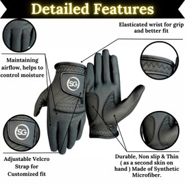 Pack of 3 Synthetic Microfiber Men's Golf Gloves – Adjustable Velcro Closure Strap - Suitable for All Weather Conditions - Soft Feel Grip - Left & Right Handed Golfer – Jet Black (L, Left)