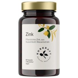 Kurkraft Natural Zinc, 60 Capsules, High Dose with 10 mg Zinc per Capsule, Guava Leaf Water Extract, Vegan, Made in Germany