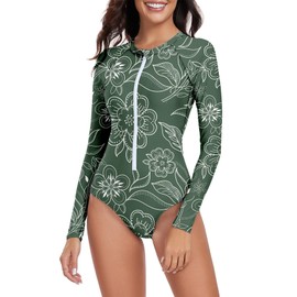 Durio Rash Guard Long Sleeve One Piece Swimsuits for Women Zip Floral Athletic Rashguard Summer Sports Surfing Bathing Suit Sketch Flowers Small