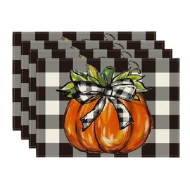 Artoid Mode Buffalo Plaid Pumpkin Fall Placemats Set of 4, 12x18 Inch Seasonal Autumn Table Mats for Party Kitchen Dining Decoration