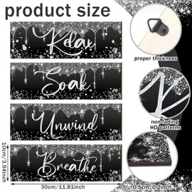Huwena 4 Pcs Glitter Diamond Bathroom Wall Art Wooden Hanging Signs Relax Soak Unwind Breathe Black Silver Shiny Drips Bath Decor Bathroom Wall Decoration for Living Room Home Bathroom (Horizontal)