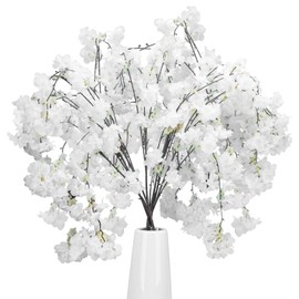 Zythrem 6pcs Artificial Cherry Blossom Branches, White Silk Cherry Blossom Decor Natural Droop Cherry Blossom Tree Stems for Vase Arrangements Home Wedding Decor(125cm)