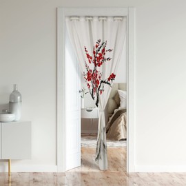 Erosebridal Japanese-Style Door Curtains for Doorways,Red Cherry Blossoms Printed Blackout Curtain,Mount Fuji Pattern Doorway Ink Painting Black White Stylish Room Divider Curtain 1 Panel,34''WX80''L