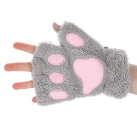Winter Gloves Cat Paw Gloves Women Girls Hand Warmer Half Finger Winter Gloves Warm Mittens Plush Fingerless Gloves Cute Cold Weather Gloves with Rope, gray