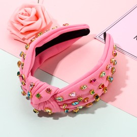 NVENF Pink Knotted Headband Rhinestone Knotted Headbands for Women, Crystal Beaded Jeweled Headbands, Top Knot Headbands Womens Fashion Hairbands Summer Hair Accessories (A-Pink)