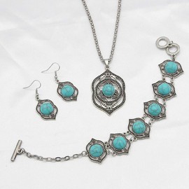 Pingyongchang Bohemian Turquoise Jewelry Sets for Women Turquoise Pendant Necklace, Vintage Turquoise Dangle Earrings,Retro Turquoise Collar Necklace Wrap Bracelet Gifts