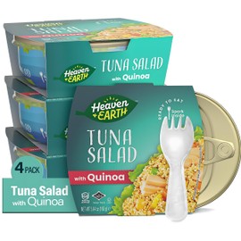 Heaven & Earth Ready to Eat Tuna Salad with Quinoa, 5.64oz (4 Pack) | Great Source of Nutrients | Travel Friendly Meals | Spork Included